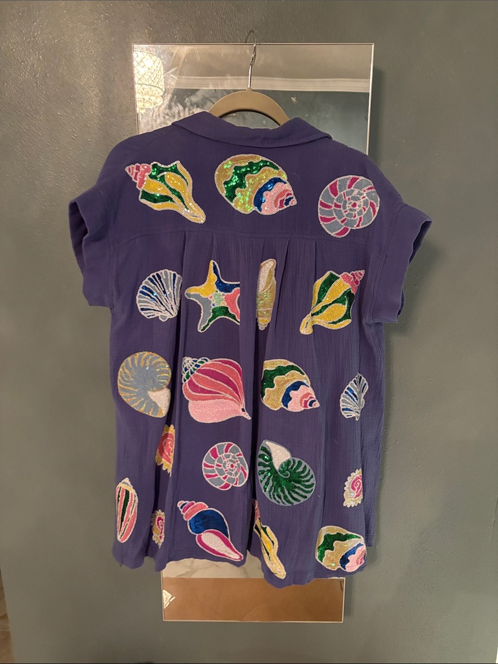 BlueEmbroidered Shell Print Button-Up Shirt - Picture 3 of 3